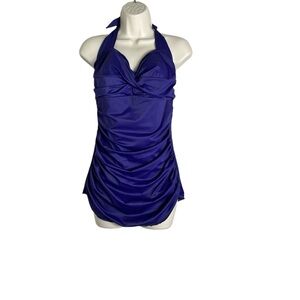 Ruched One-piece Bathing Suit with Halter Neck Size 14 - Deep Purple - Retro